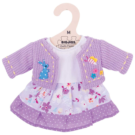 Bigjigs Toys Outfit Per Bambole 28 Cm - Cardigan Turchese E Abitino Floreale Con Accessori Capelli