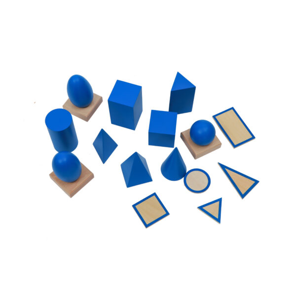 Solidi geometrici blu con basi per lavoro e contenitore