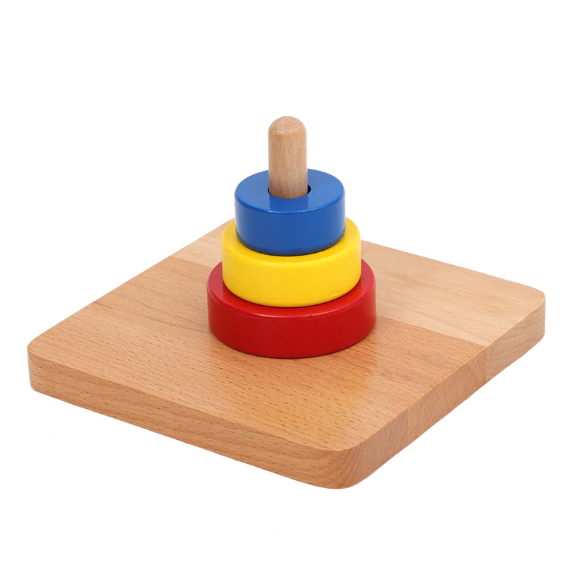 3 Dischi colorati da infilare su 1 piolo verticale di legno Montessori