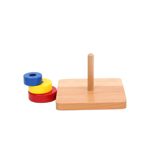 3 Dischi colorati da infilare su 1 piolo verticale di legno Montessori